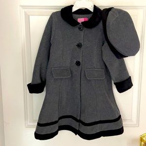 New Gray fleece coat/beret trimmed in black velveteen, Lightweight yet Very warm